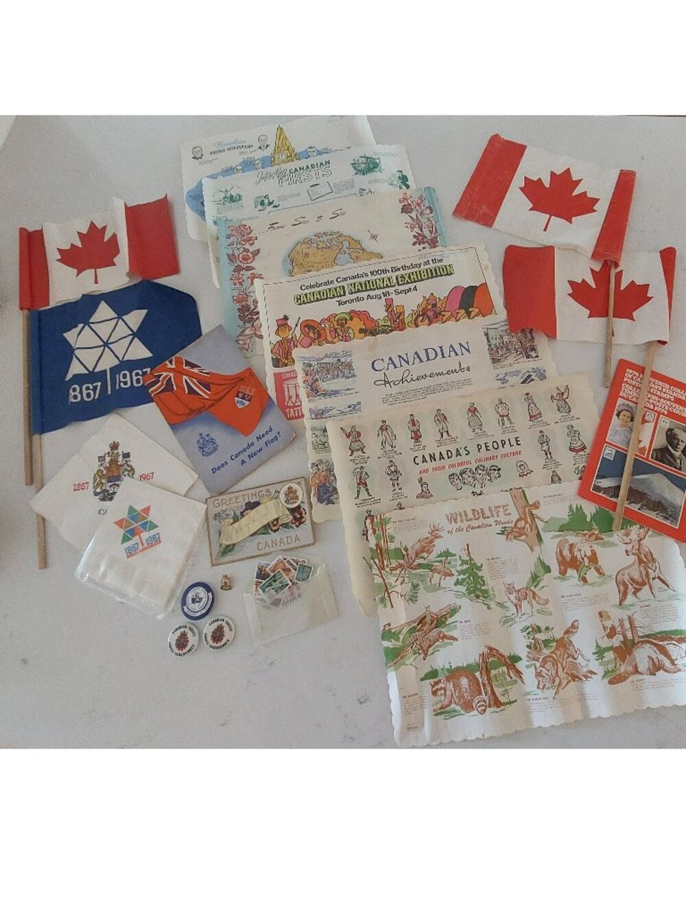 Vintage 60s 70s Lot Canada Souvenir Ephemera Fabric Flags Placemats Postcard +